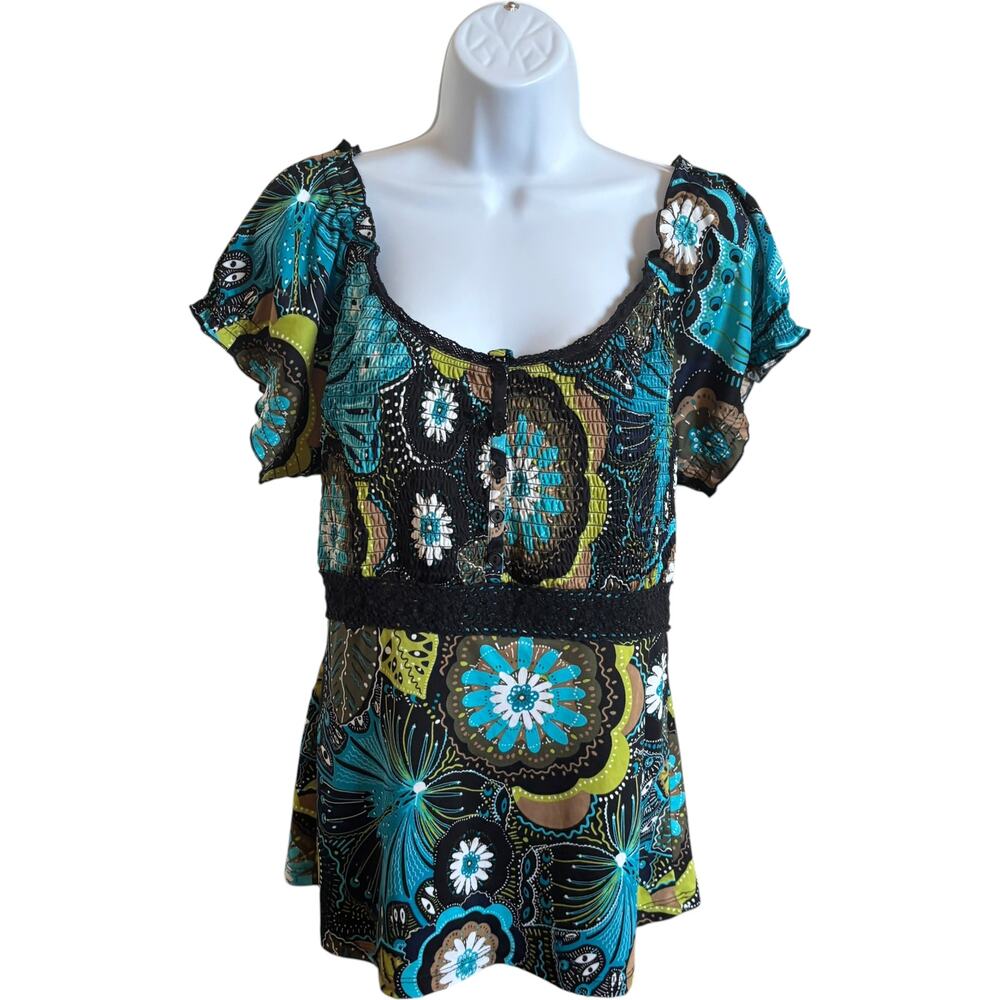 R.Q.T. L Boho Floral Blouse Blue Relaxed